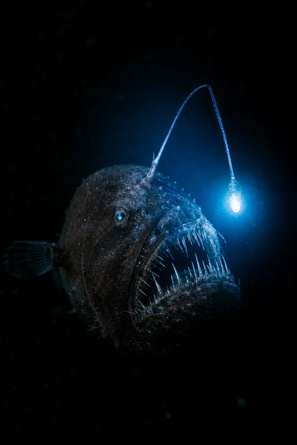 Scene 2: an anglerfish with its glowing lure in the dark