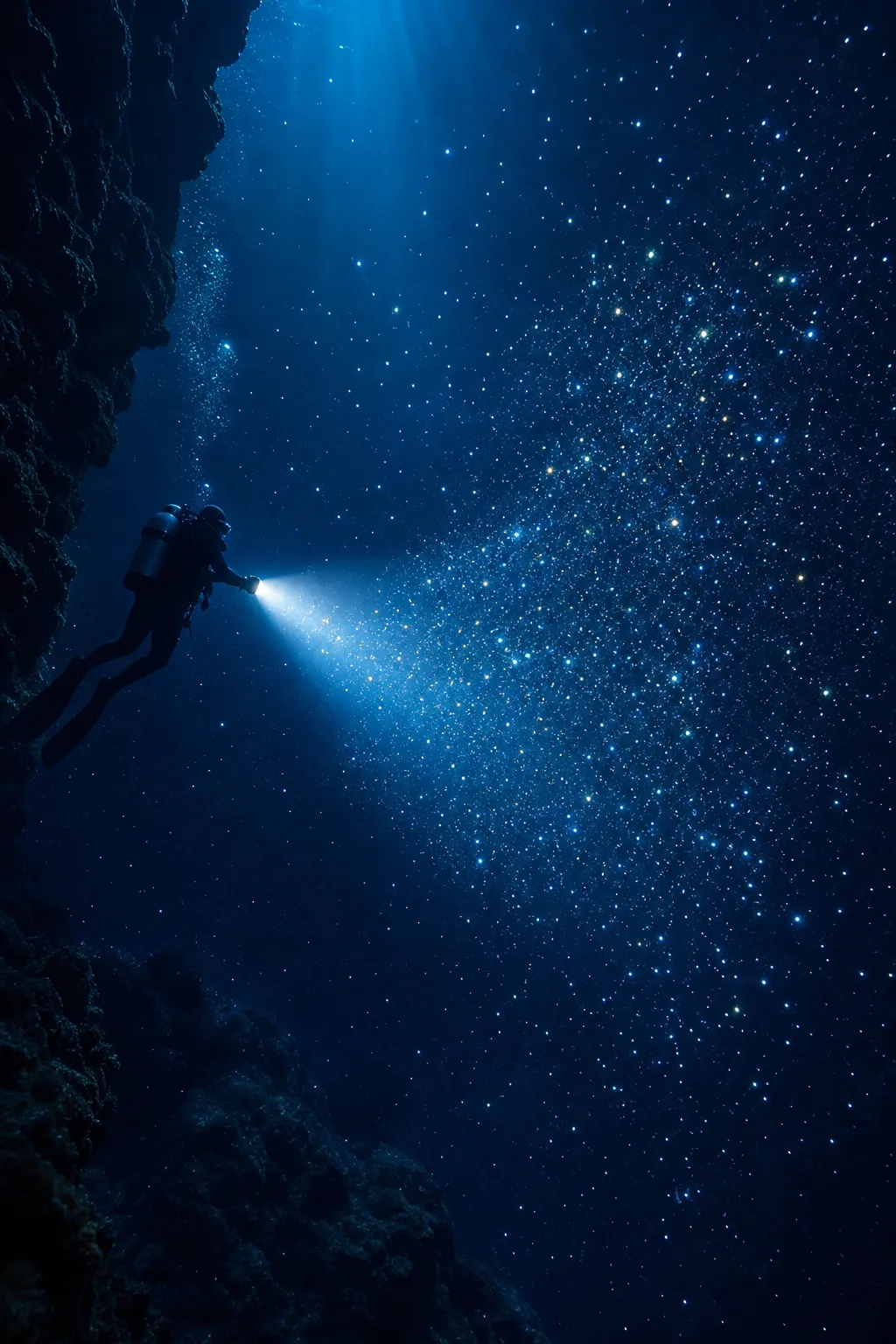 Scene 3: a diver shining a torch through dark water full of drifting particles
