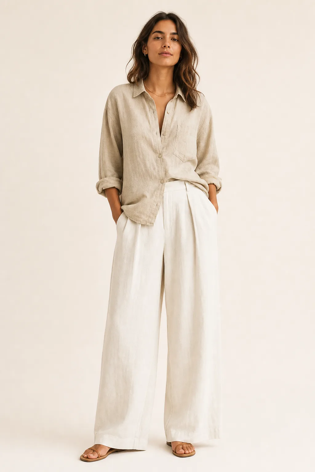 A model wearing a linen shirt and wide trousers, photographed against a plain studio background